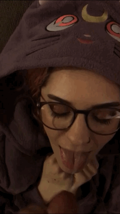 Little anime slut in sailor moon hoodie gets a big cumshot on her glasses