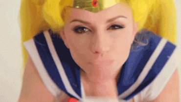 Gif - Cosplay wanks cock and gets facial