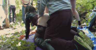 Gif - Group jerking off watching amateur couple outdoor doggy style