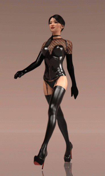 Gif - Animated Asian slut strutting in black latex and heels (Pixiv: AroLL)