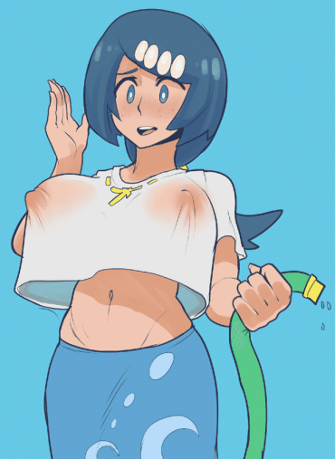 Picture - neet in heat lana's mother pokemon nintendo sun and moon areolae belly blue background blue eyes breasts busty clothed clothes erect nipples female female only freckles huge breasts human human only long hair looking at viewer midriff milf navel nipples o